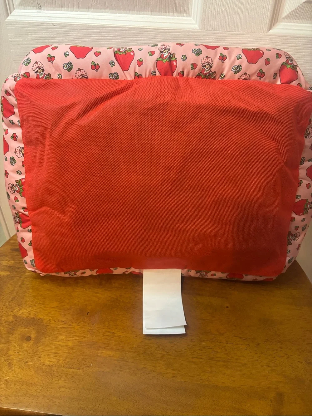 Plush Red Small Pet Bed with Strawberry-Patterned Border